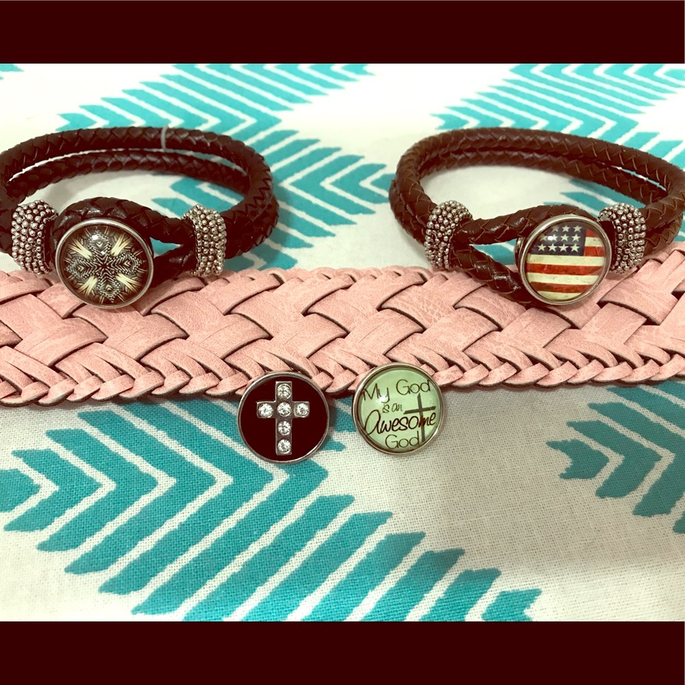 2 Leather Bracelets with 4 Snap Charms